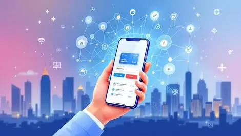 Hand holding smartphone banking app digital network icons bangkok city skyline thailand