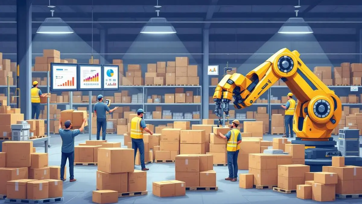Busy warehouse workers robotic arm ai integration supply chain logistics
