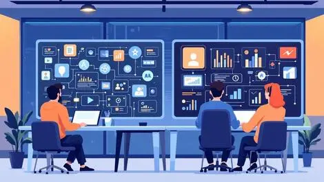 Relaxed office workers ai automation workflows app icons modern software creation