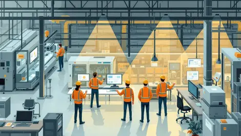 Busy uk factory modern machinery malfunctioning screens concerned engineers checking computers software failure risks