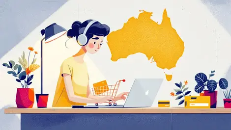 Australian online shopper checking out laptop shopping cart credit card map