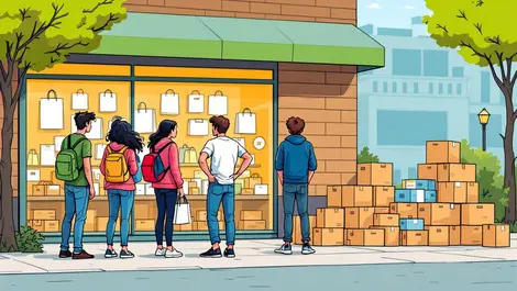 Young adults hesitating outside store with unused shopping bags and return boxes