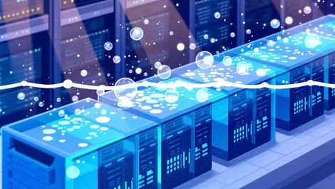 Servers submerged in clear cooling liquid with bubbles in modern data center