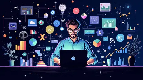 Digital illustration marketer laptop abstract shapes ai powered advertising creative tools