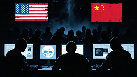 Cyber espionage dark room shadowy figures computer screens us china flags