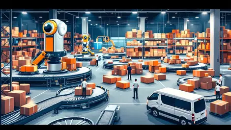 Realistic illustration bustling european warehouse automated robots conveyor belts