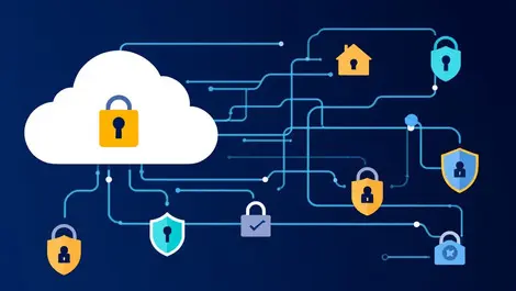 Secure cloud symbol with interconnected digital locks shields for saas security
