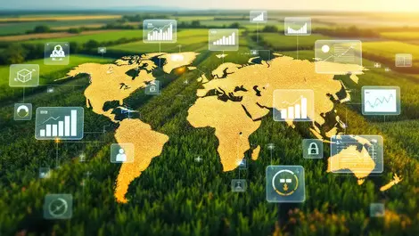 Digital map fields crops graphs data icons government agriculture monitoring food security technology