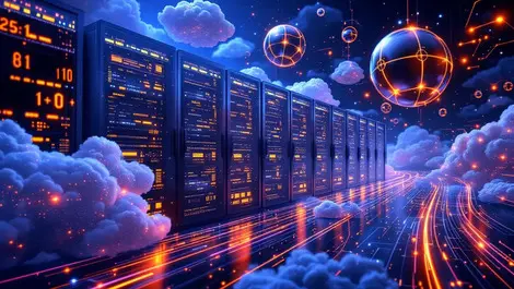 Modern data center servers glowing fibers floating clouds ai hybrid cloud
