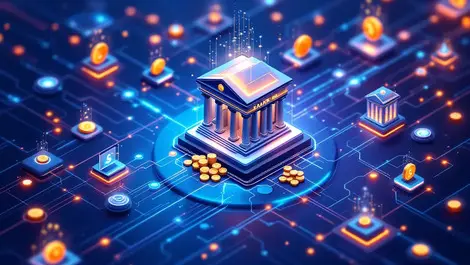 Digital illustration interconnected bank buildings smartphones exchanging coins