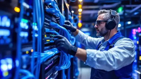 Network technician installing large cable amplifiers in server room