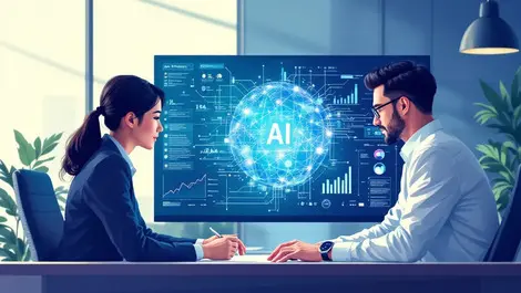 Asian business professionals collaborating digital ai visualizations modern office