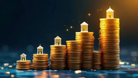 Growing upward graph stacks of coins startup buildings debt financing growth