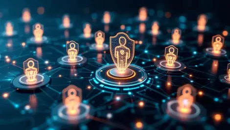 Realistic digital network interconnected humans robots glowing shields ai identity protection
