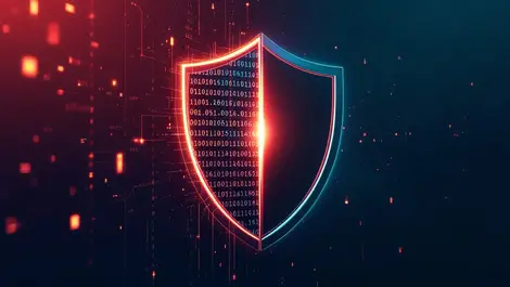 Digital code shield glowing protection shadowy figure piercing defense vulnerability