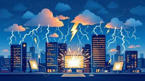 Australian office buildings digital storm clouds lightning cyber attacks recovery