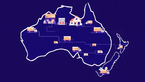Delivery trucks warehouses homes map australia new zealand logistics