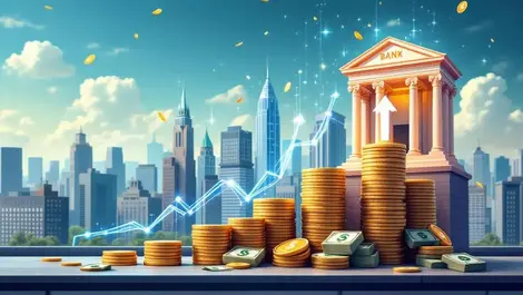 Realistic cityscape bank buildings digital data streams financial growth