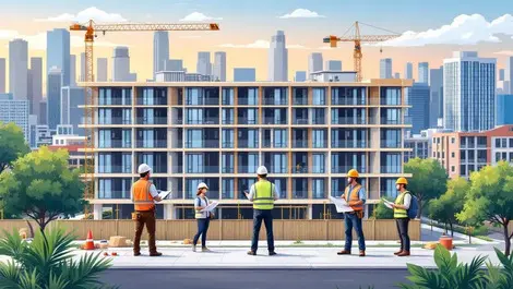 Construction workers project managers reviewing blueprints australian city apartment housing modern tech
