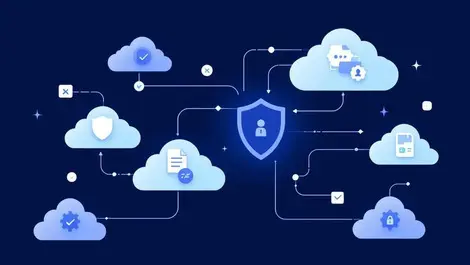 Interconnected clouds secure data symbols shield icons data files global data protection