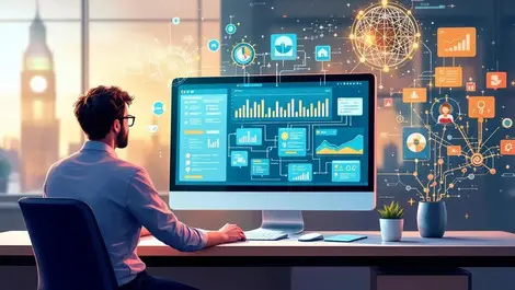 Professional workspace digital workflow charts ai automation london office