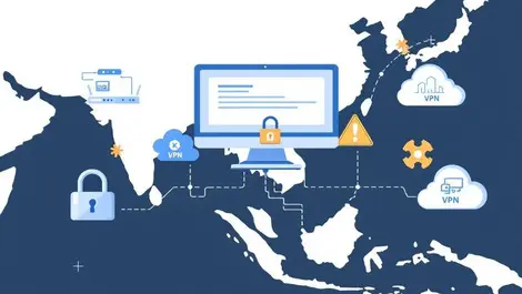 Locked computer screen network warning vpn routers clouds asia pacific map