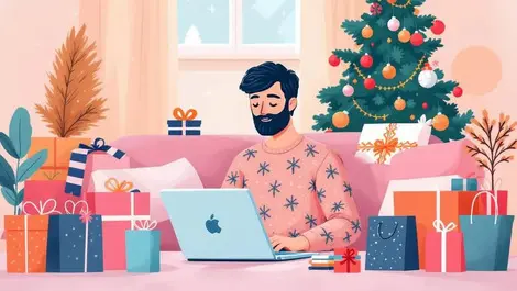 Relaxed british shopper home laptop digital assistant holiday shopping