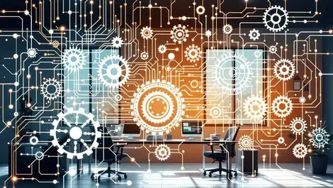 Interconnected gears circuit patterns overlay traditional office ai integration