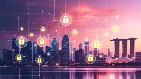 Singapore city skyline cybersecurity digital locks network warning symbols
