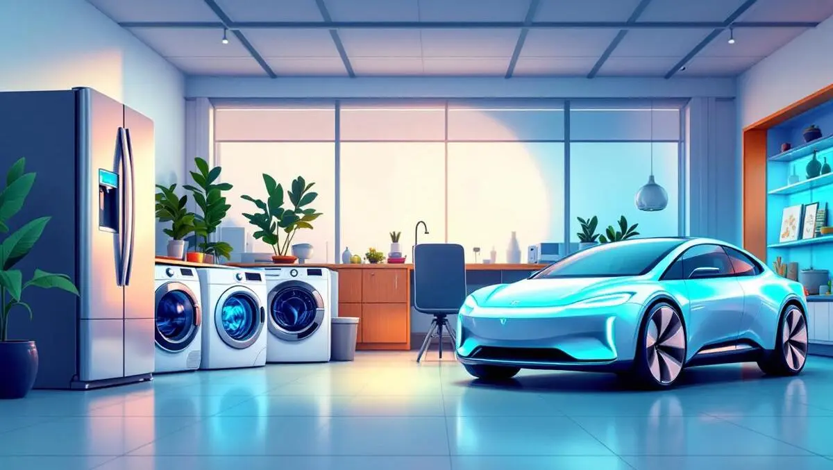 Modern home appliances and futuristic electric vehicles showroom tech growth