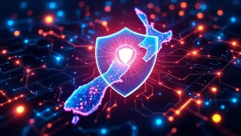 Digital shield new zealand map ai cybersecurity network protection circuit node