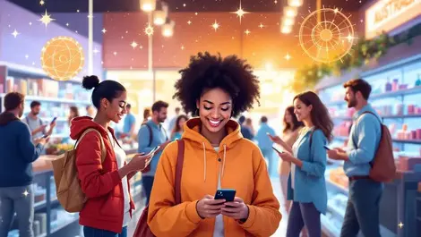 Australian shoppers examining smartphones tech gadgets celestial astrology influence