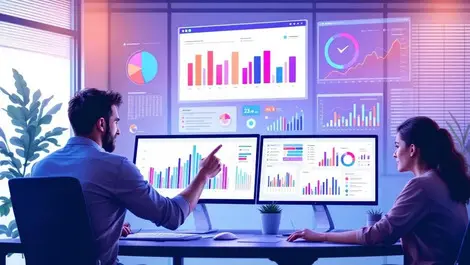 Modern office marketers analyzing colorful data charts graphs
