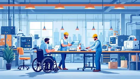 Wheelchair user engineering team modern factory workplace accessibility nz