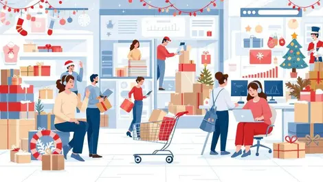 Holiday season online shopping busy scene with packages customer service