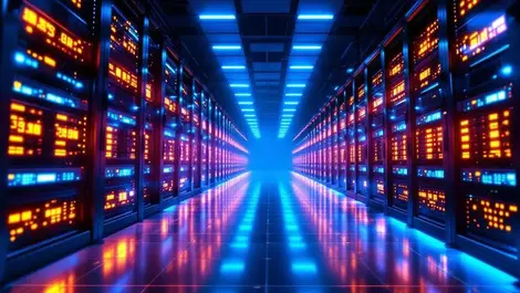 Realistic modern data centers rows high tech server racks glowing processors supercomputing