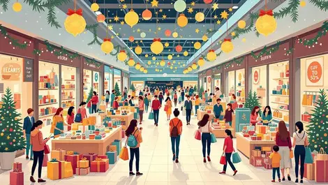 Bustling shopping mall festive displays shoppers carrying bags illustration