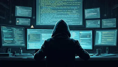 Hooded figure computer digital screens code warnings dark room cybercrime