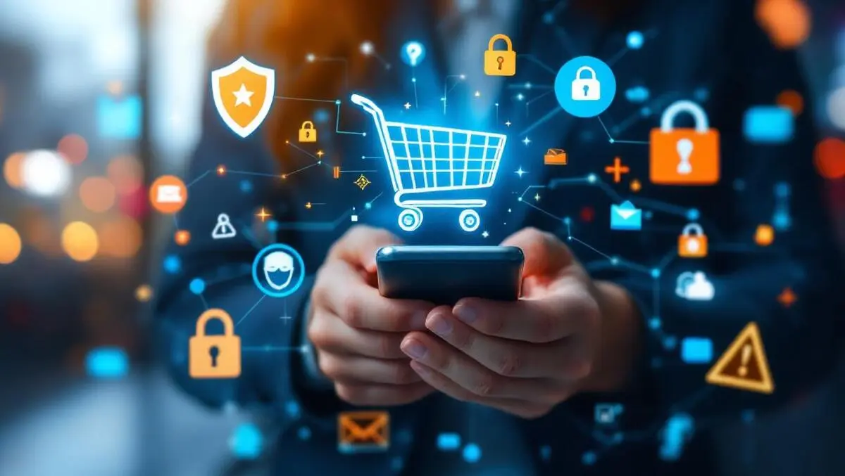 Person shopping online smartphone cyber threats shields locks warning signs digital activity