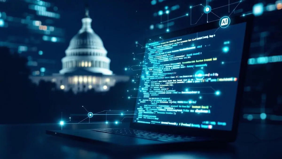 Realistic computer with code and us capitol silhouette digital ai network