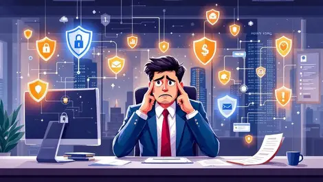 Worried business executive hong kong office digital shields network connections cybersecurity financial protection
