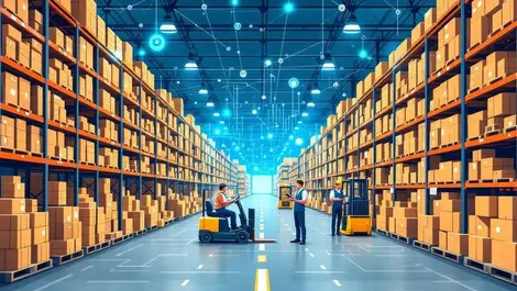 Busy warehouse stacked shelves forklifts workers digital tablets supply chain management