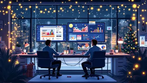 Uk marketing team modern office christmas ai data screens night