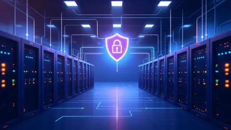 Secure data center ai vector databases glowing shield lock illustration