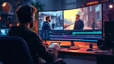 Cinematic director vfx artist ai video editing dual scenes studio