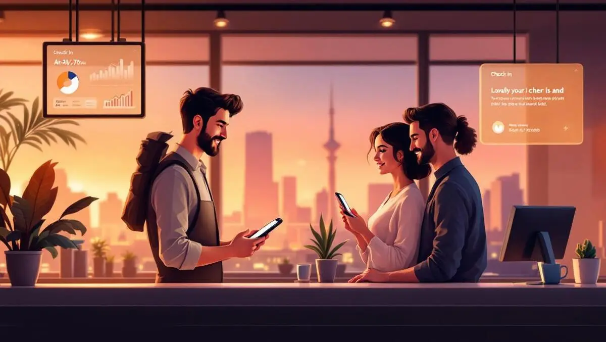 Modern hotel lobby couple mobile checkin staff tablet analytics