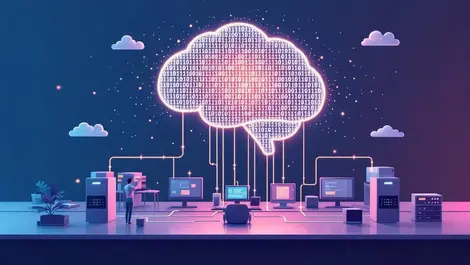 Glowing binary brain cloud over office network data risk