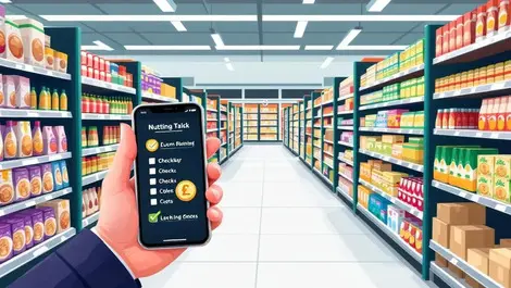 Uk supermarket aisle worker phone task checklist with money icons