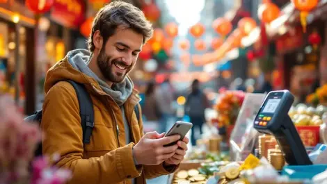 Italian tourist pays by smartphone qr code chinese street market