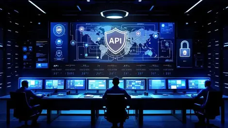 Cinematic datacenter control room api security screens blue grey